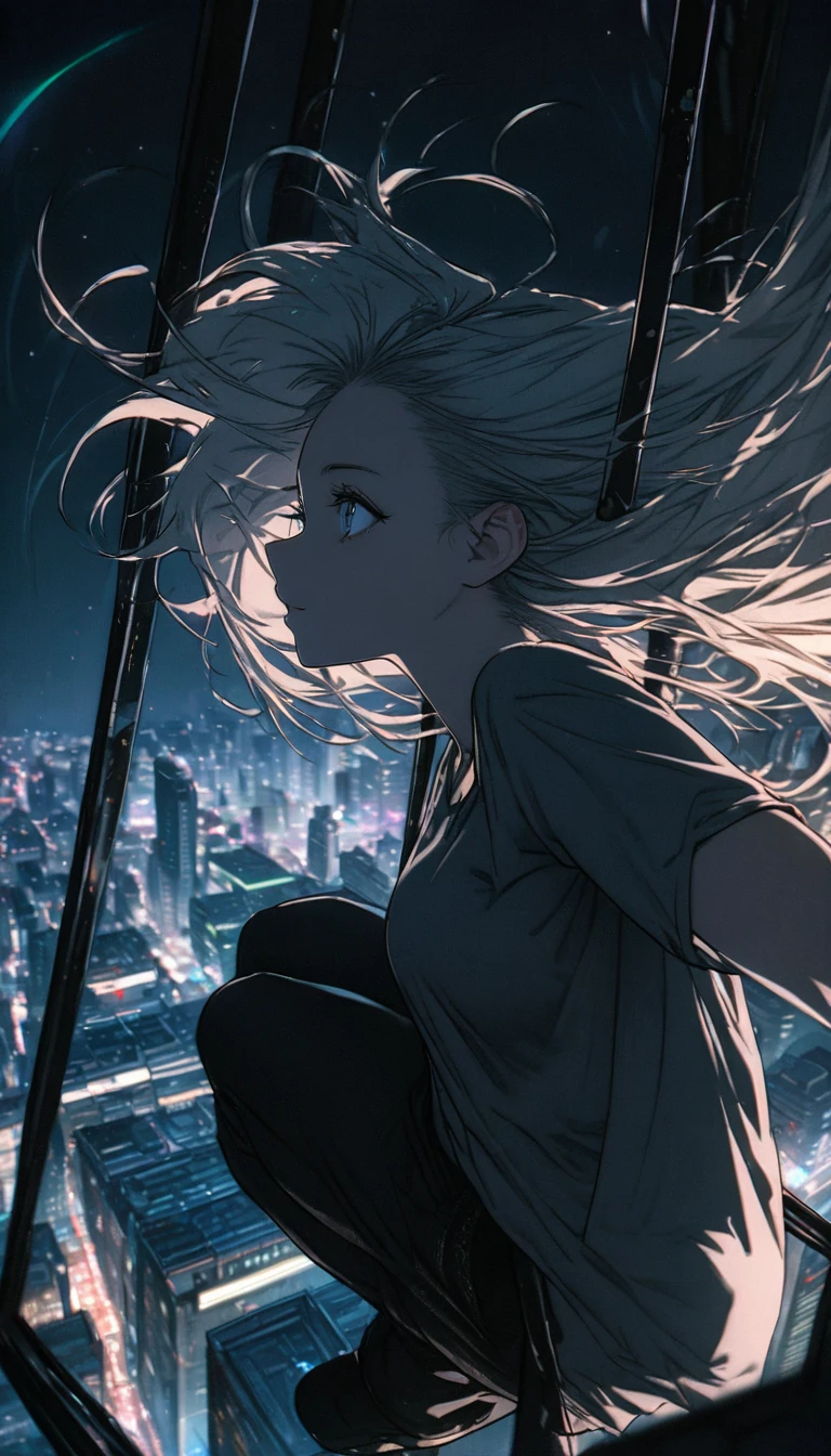 Highest quality, Super Fine, 16K, Incredibly absurd, Very detailed, Beautiful woman sitting on a trapeze suspended between two skyscrapers, Gazing into the distance, Wear a loose long T-shirt, Captivating look, Wind, Wind-effect, moonlit nightscape, (Nice views:1.1) , Clockpunk