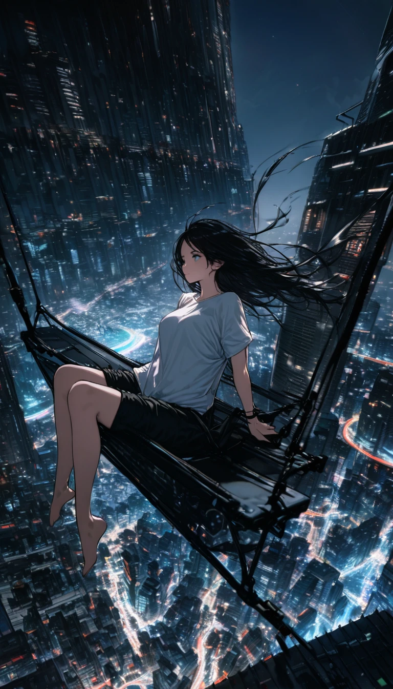 Highest quality, Super Fine, 16K, Incredibly absurd, Very detailed, Beautiful woman sitting on a trapeze suspended between two skyscrapers, Gazing into the distance, Wear a loose long T-shirt, Captivating look, Wind, Wind-effect, moonlit nightscape, (Nice views:1.1) , Clockpunk