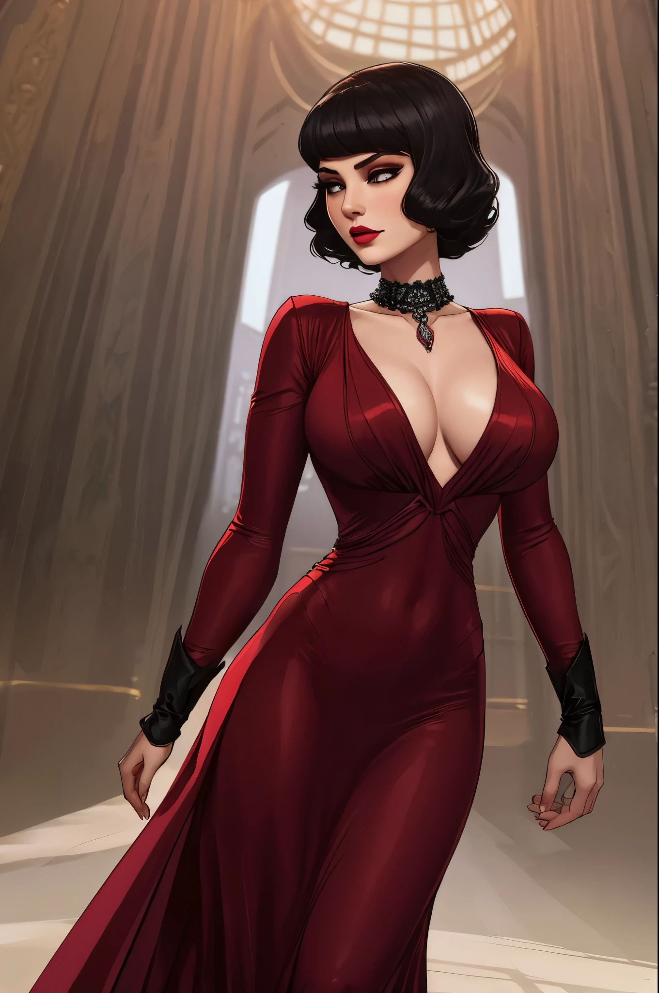 1920s femme fatale, elegantly dressed in a sleek, floor-length gown with a plunging neckline and intricate beading, short wavy bobbed hair with a finger wave, bold dark red lipstick, exuding danger and seduction, cinematic composition, high contrast, soft-focus background, textured fabric detail, carefully staged composition, low-angle-shot