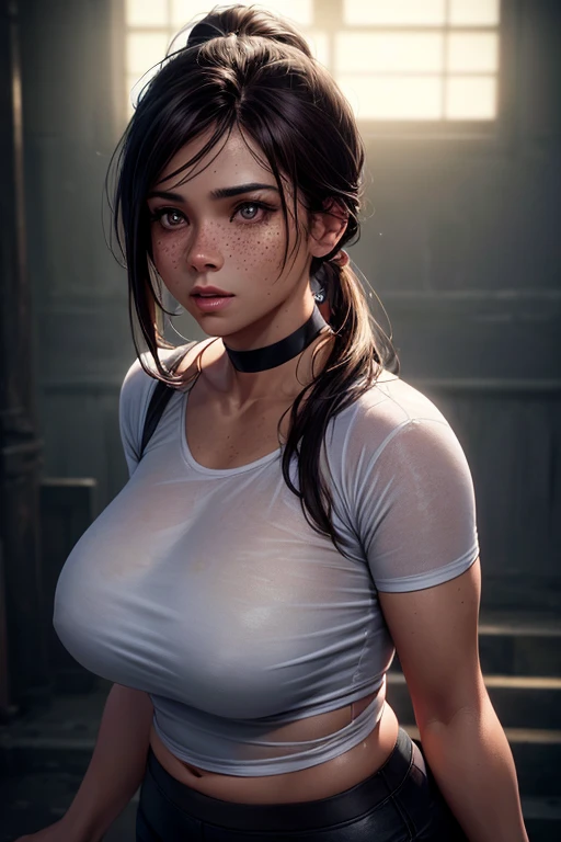 a woman in her late 30s, chubby physique, long straight dark brown hair, high ponytail, freckles, flushed cheeks, wearing a choker, large breasts, curvy figure, tied white t-shirt (braless), purple yoga pants, (best quality,4k,8k,highres,masterpiece:1.2),ultra-detailed,(realistic,photorealistic,photo-realistic:1.37),detailed portrait, cinematic lighting, natural skin texture, intricate details, dramatic colors, moody atmosphere, seductive pose