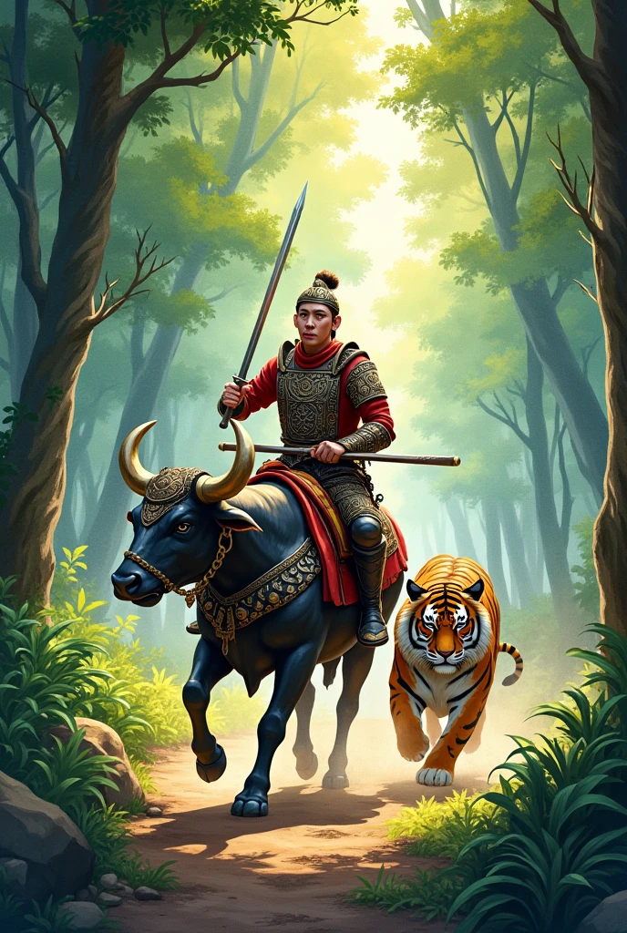 (best quality, masterpiece, 2D cartoon style, watercolor brush art),(Man, majapahit kingdom war costume shirt, bull riding, bull wearing iron costume to fight), (tiger running, beside the bull, a tiger wears a war coat), (in the forest, afternoon,)
