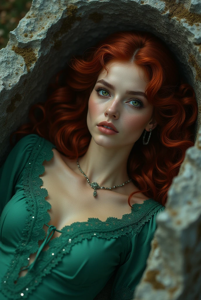 young woman with mystical characteristics, green eyes and reddish hair, with Mexican physical characteristics, brunette, buried in a grave, dead, eyes closed, dead