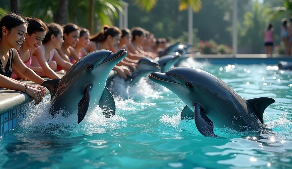 Dolphins are getting big fish from humans、Location: Pool、Photorealistic、high resolution、