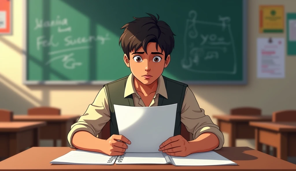 Ek Indian student jo class room me betha hai uske hath me exam paper hai  aur kuch soch raha hai  in anime image creat Indian environment 