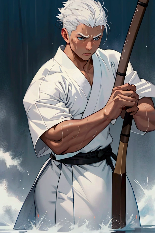 A young, muscular man in his 20s、Blue Eyes、White Hair、Short Hair、Sports haircut、Brown skin、Perfect body、Serious face、Kyudo athlete、Archery dojo、Dripping Sweat、Your body is wet、Half naked、Kyudo uniform