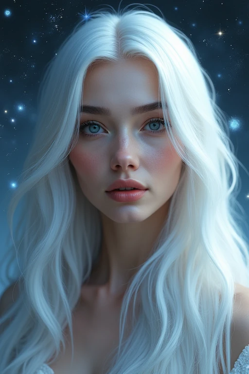 Girl, white hair, long hair, black eyes, pretty, mature, romantic space, pure, galaxy, star, main face, beautiful face, high quality, detail hair