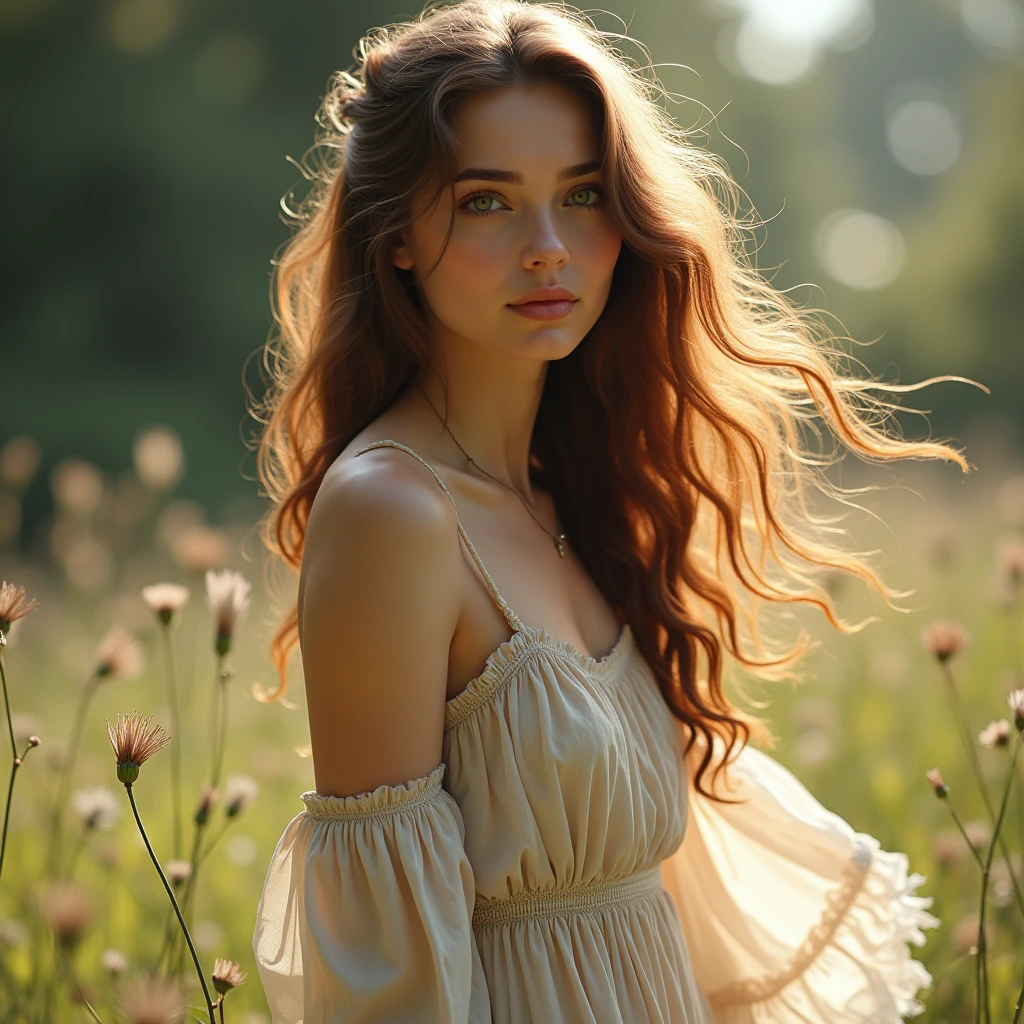 Beautiful girl with wavy long hair, bohemian dress, no make up, white skin, fit body