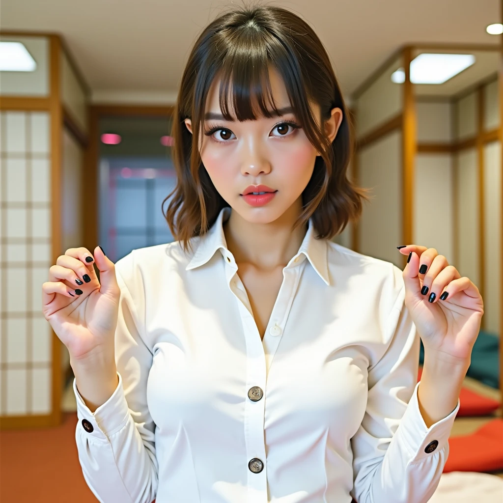 ((Japanese actress))　((Plump and glossy lips))　Big Breasts　((Short brown hair with bangs))　((Looking into the camera))　Sit with your legs apart　((White button shirt and black enamel tight skirt))　　Low angle shot of a person standing facing forward　Looking down　((A bedroom with shoji screens and tatami tatami lit up with pink neon lights))　