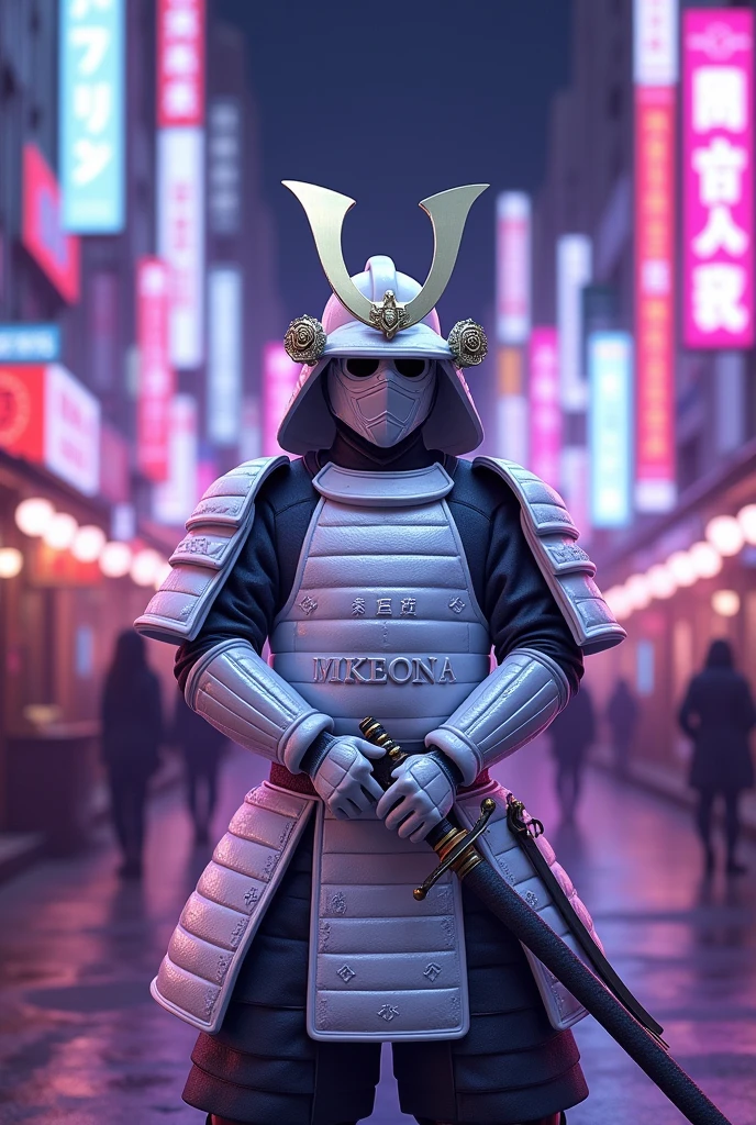 A samurai in white armor in Tokyo with purple cartoon-style lights
