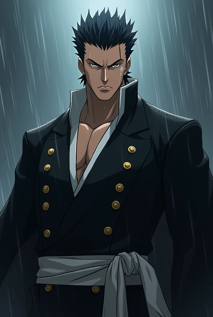 Create a male Captain from Bleach who is serious and has bigger body shape with dark hair and brown eyes in a rain
