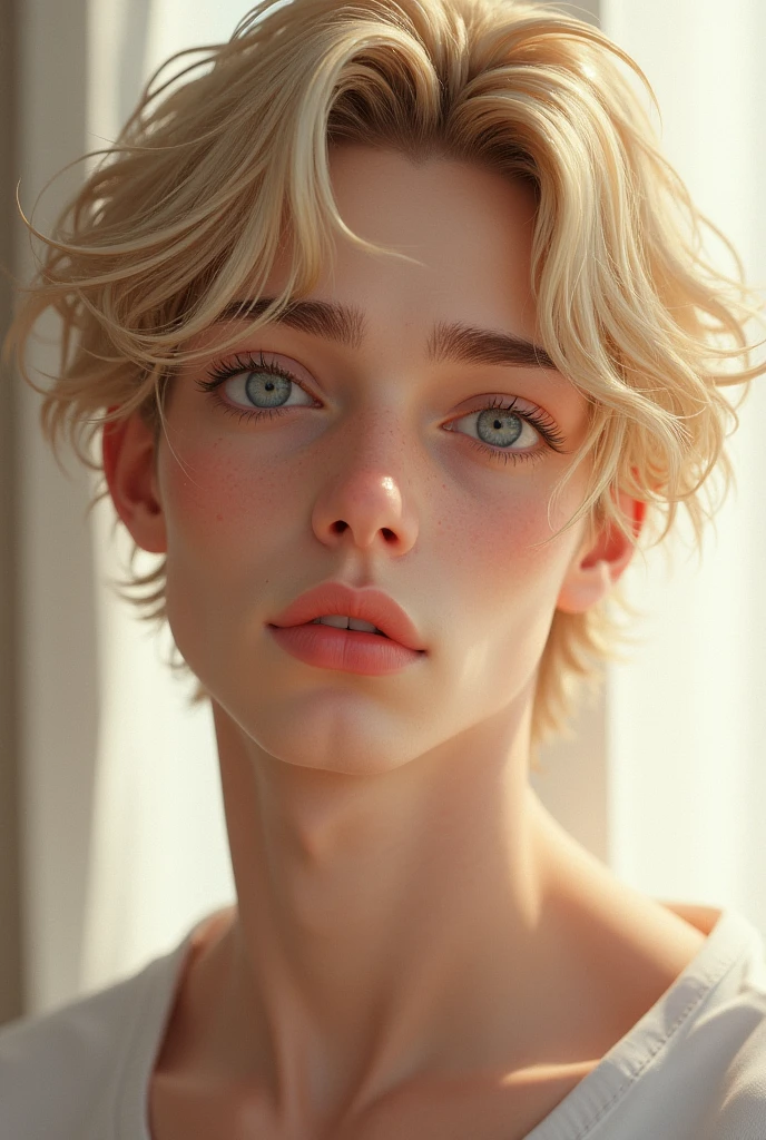 a white boy, blonde with light eyes, pretty eyelashes, skinny, candy pink lips, approximately , with the Adam's apple marked, marked jaw and masculine features