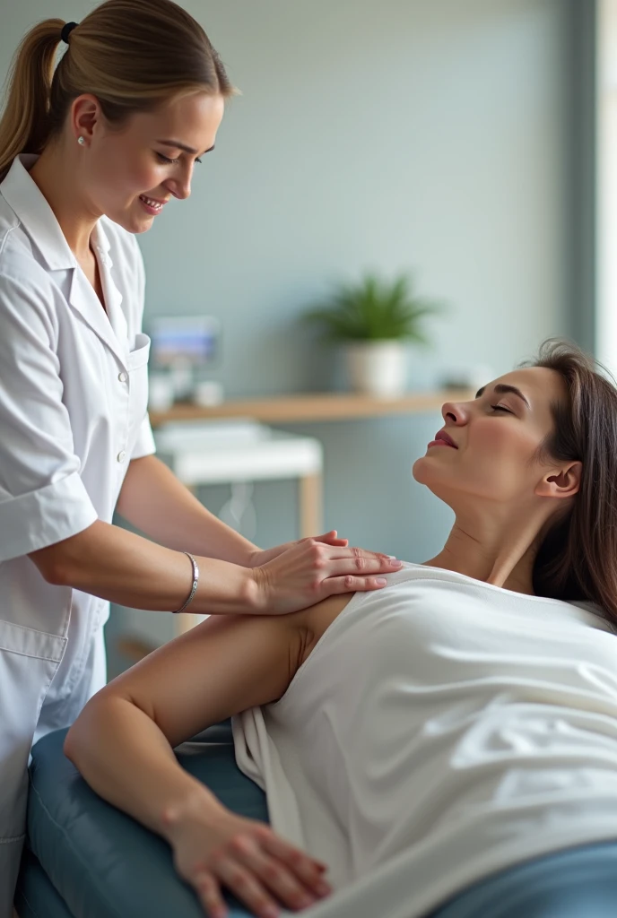 physiotherapist performing passive shoulder exercises on a patient