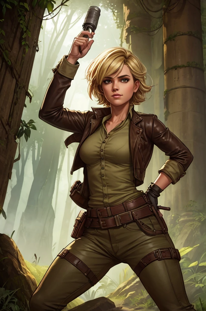 1920s tomboy adventurer, wearing rugged, practical clothing with a utility belt and a leather jacket, short blonde hair styled in a tousled bob, confident determined expression, standing in a dynamic pose, ancient overgrown temple in the jungle, action and adventure, cinematic composition, warm earthy tones, dramatic lighting, high detail, textured clothing, soft shadows, cinematic lighting, low-angle shot
