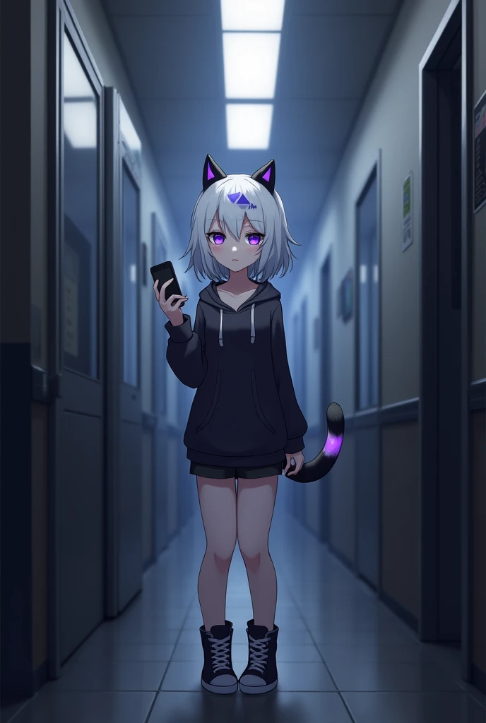 (Solo:1.3), Female cute feline, black and white fur, blue and purple triangle shaped fur markings, white shaggy hair, small cute black horns, cute face, cute body, standing in a dimly lit computer Internet cafe hallway, jitome, holding an iPhone, cellphone in one hand, (solo:1.3), highly detailed, black high top shoes, (short small cute tail:1.2), (only one cute tail:1.2), high resolution, bare legs, by hyattlen, by teranen, by fumiko, depressed, black shorts, (by Kilinah, by Coffeesoda, by Hioshiru, by Kilinah)