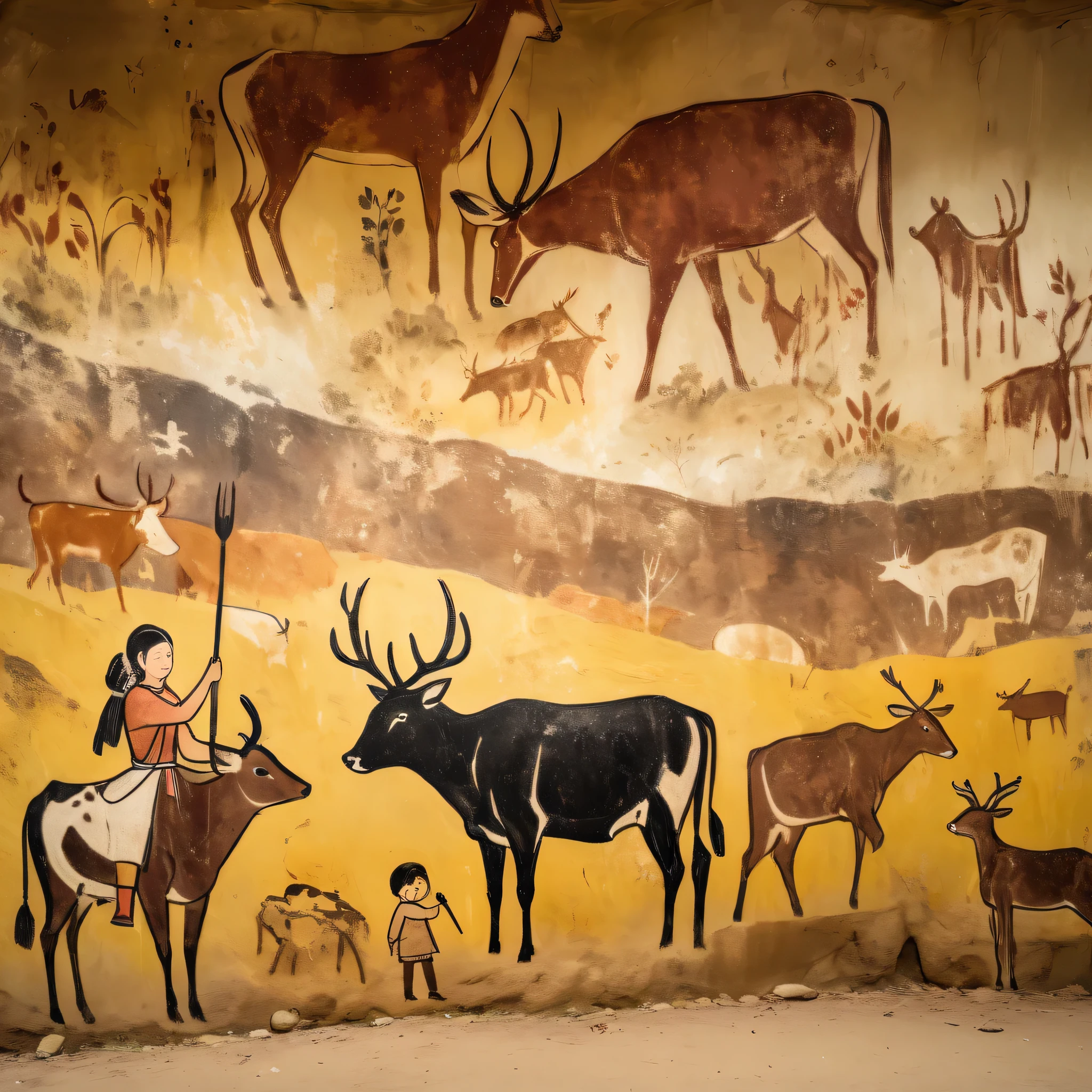 mural, Lascaux murals、A hunter who hunts cattle and deer、A woman and child cooking、