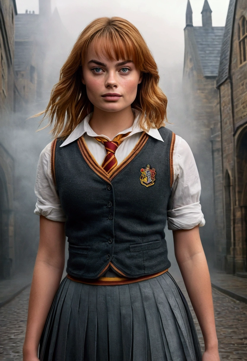 An illustrated movie poster, hand-drawn, full color, a age Hogwarts student, 18-years-old, female, wearing a charcoal vest and a pleated skirt, athletic hourglass figure, busty bosoms, full wide hips, massive round butt, long shapely legs, ridiculously thick powerful thighs, vibrant eyes, red auburn hair, thick shaggy bangs, flushed sun-kissed complexion, freckles, resembles Margot Robbie, standing in a foggy Hogwarts courtyard, surrounded by mist, graphite shading, stencil marks, airbrushed acrylic paint, masterpiece, close-up shot, in the style of the Deathly Hallows