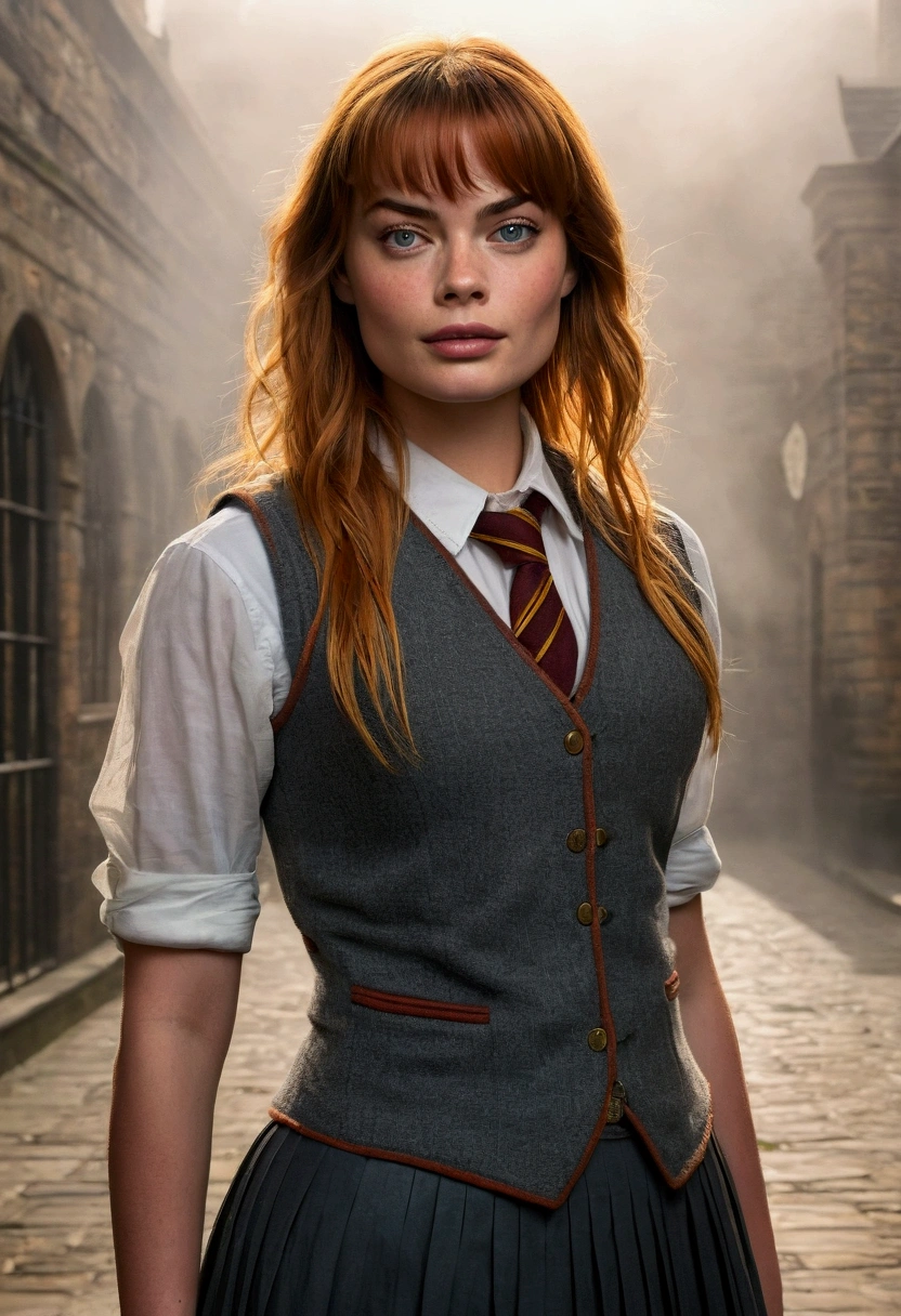 An illustrated movie poster, hand-drawn, full color, a teenage Hogwarts student, 18-years-old, female, wearing a charcoal vest and a pleated skirt, athletic hourglass figure, busty bosoms, full wide hips, massive round butt, long shapely legs, ridiculously thick powerful thighs, vibrant eyes, red auburn hair, thick shaggy bangs, flushed sun-kissed complexion, freckles, resembles Margot Robbie, standing in a foggy Hogwarts courtyard, surrounded by mist, graphite shading, stencil marks, airbrushed acrylic paint, masterpiece, close-up shot, in the style of the Deathly Hallows