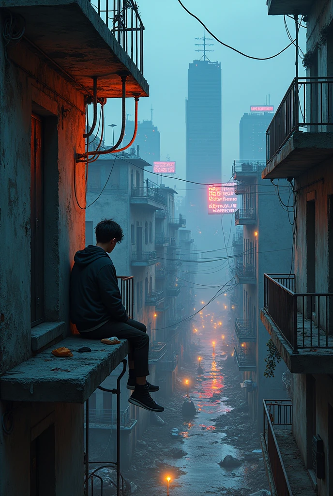 A cyberpunk style of the slums where a male person sits on a balcony