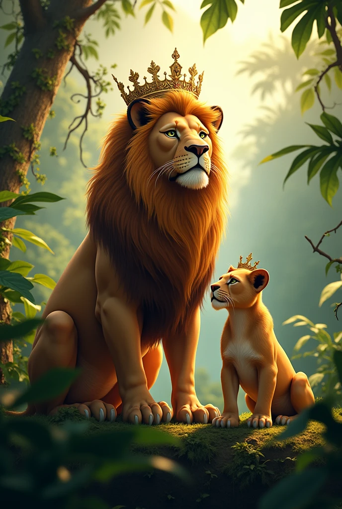 King male lion with son, top of the jungle, seating
Male lion with crown