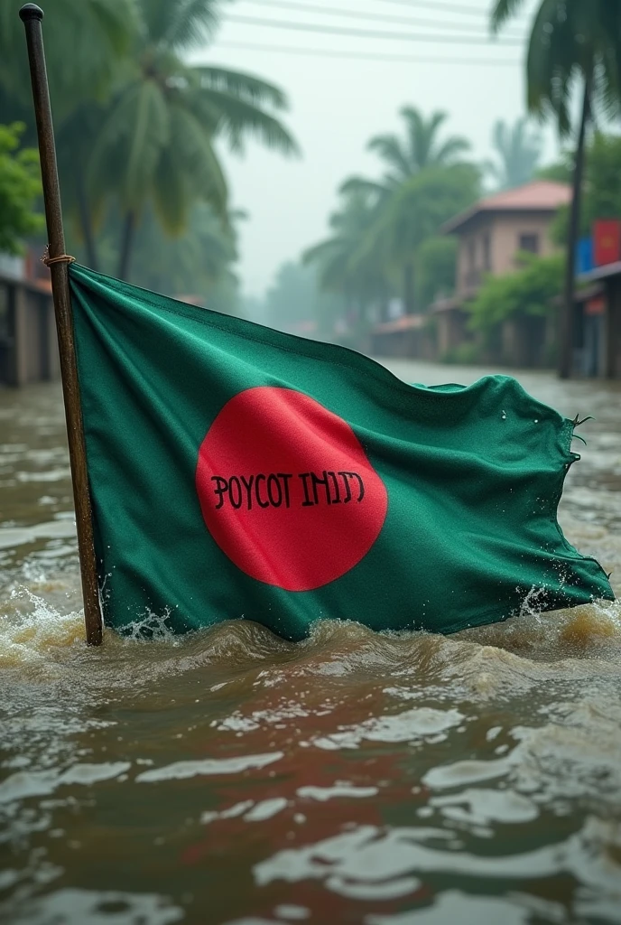 (photorealism:1.2), Bangladesh Flag, flood, Boycott India in bold text