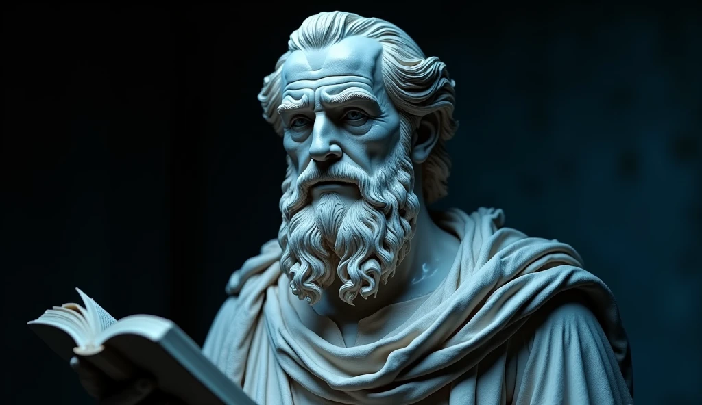 a detailed close-up portrait of a greek philosopher statue, holding a book in his hand, realistic, 8k, highly detailed, photorealistic, intricate details, dramatic lighting, dark neutral background, neon blue and black colors, masterpiece, professional cinematic lighting, studio lighting
