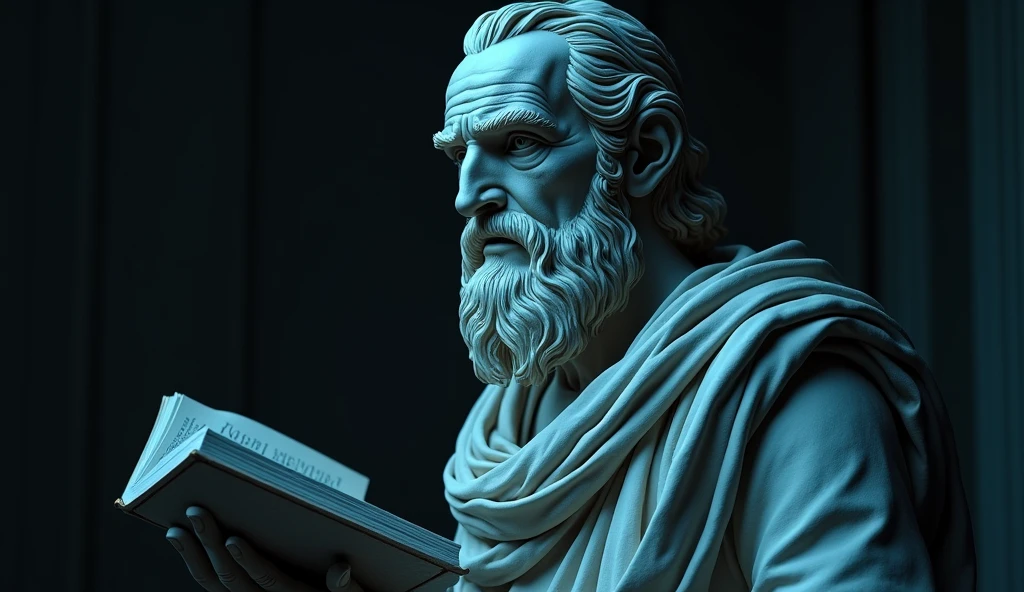 a detailed close-up portrait of a greek philosopher statue, holding a book in his hand, realistic, 8k, highly detailed, photorealistic, intricate details, dramatic lighting, dark neutral background, neon blue and black colors, masterpiece, professional cinematic lighting, studio lighting