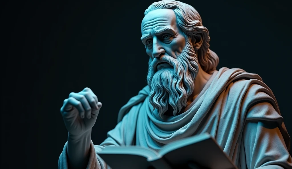 a detailed close-up portrait of a greek philosopher statue, holding a book in his hand, realistic, 8k, highly detailed, photorealistic, intricate details, dramatic lighting, dark neutral background, neon blue and black colors, masterpiece, professional cinematic lighting, studio lighting