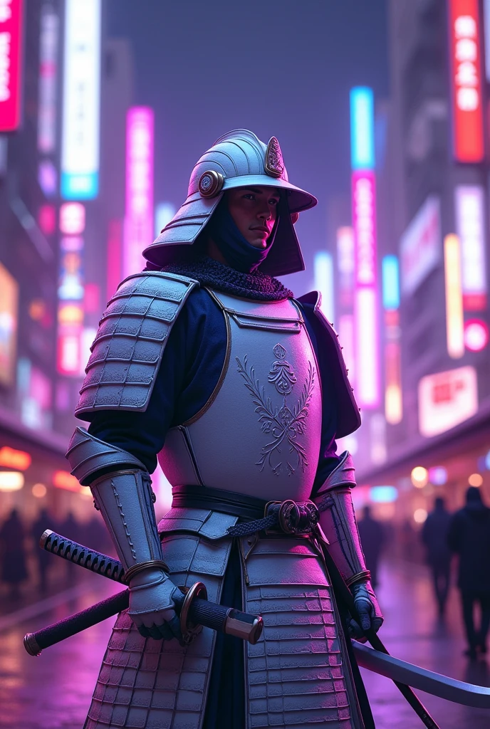 A samurai in white armor in Tokyo with purple cartoon-style lights