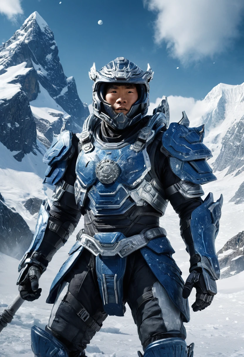 aiyouxiketang, a movie poster with a sci-fi,future context. A man,snow mountain,glacier,wearing blue and white metal armor,falling snow,wind,best quality,highres,extremely detailed CG,perfect lighting,8k wallpaper, Ray tracing,UE5,C4d, Centered prominently in bold, Monsterazor font, the title CYBERKONG should stand out, reflecting the futuristic theme, In elegant, stylized font, include the text: MOVIE by JAY HUANG. At the bottom of the poster, include the release date 22.09.2024 in a clean, modern font.The poster should have a cinematic and futuristic feel, drawing viewers into the enchanting world of space exploration while highlighting the joyful spirit of Black Myth Wukongs journey.