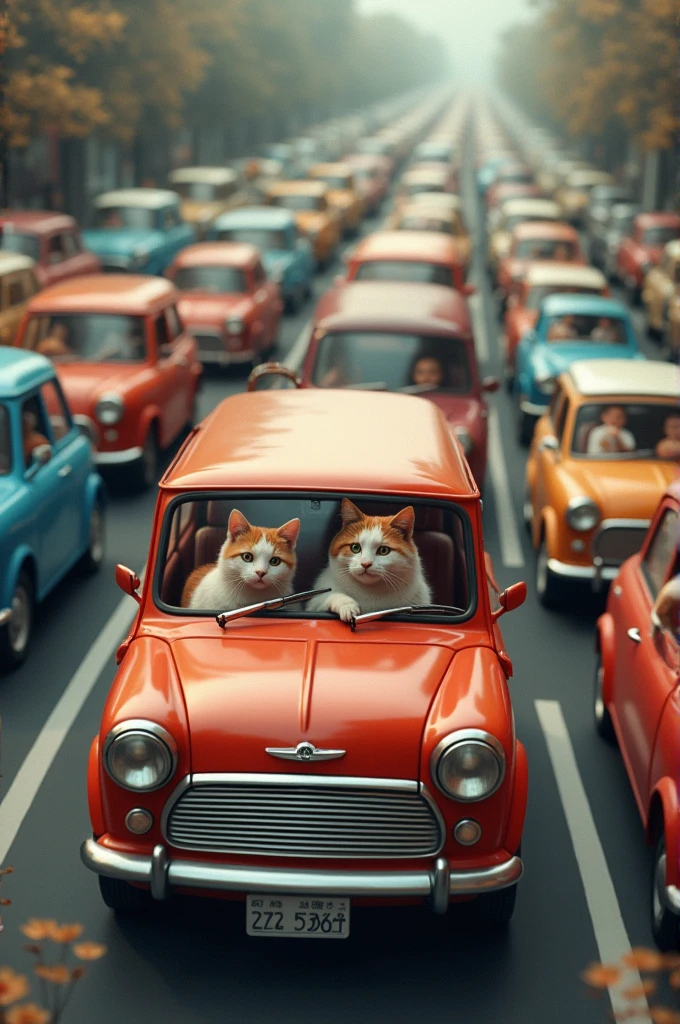 Many cars with babies inside but in one car there is a cat