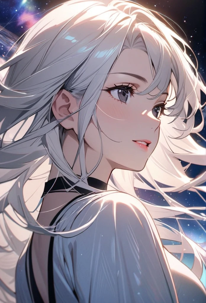 Girl, white hair, long hair, black eyes, pretty, mature, romantic space, pure, galaxy, star, main face, beautiful face, high quality, detail hair
