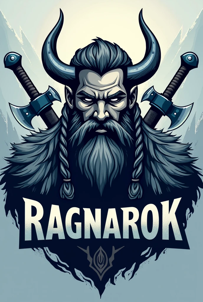I want a logo in size 3:4 for my e-sport team, I want the background to have a Nordic theme and a centered image of a Viking's head and in the lower centered part have the name Ragnarok with a font that refers to antiquity and leaves the colors in a Nordic theme., To decorate the image, place 2 weapons used by Vikings behind the Viking.