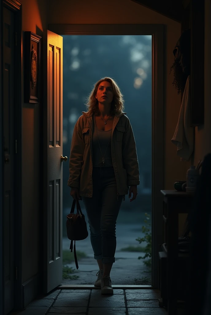 A mother leaving the house at nighttime