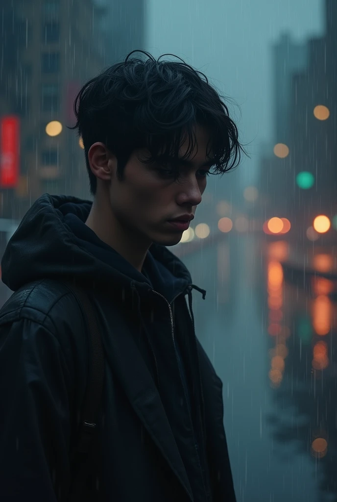 create a music cover about a young man in his 20s sad about the loss of his beloved in a rainy city setting