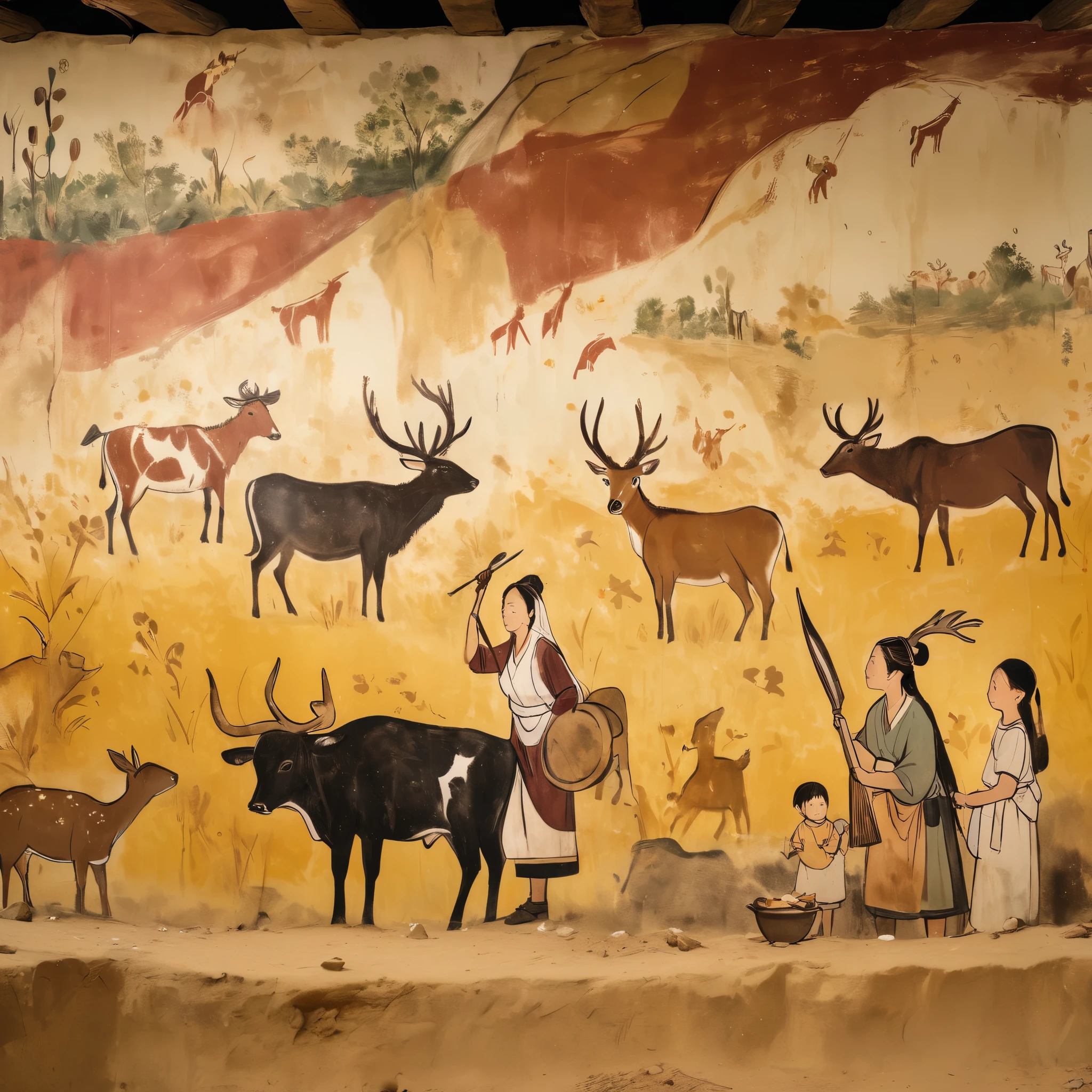 mural, Lascaux murals、A hunter who hunts cattle and deer、A woman and child cooking、