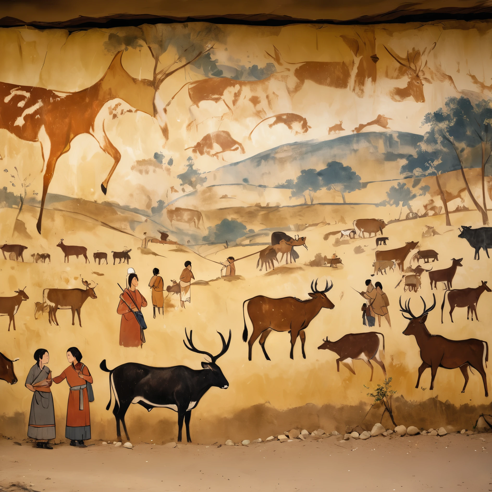 mural, Lascaux murals、A hunter who hunts cattle and deer、A woman and child cooking、