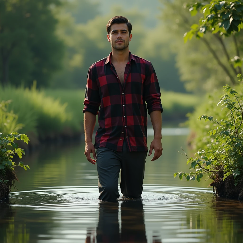 makes image of a white man, at 3, model type, with short dark hair, with clear eyes, wearing a black and red checkered shirt, sports pants, wetting your feet in a stream