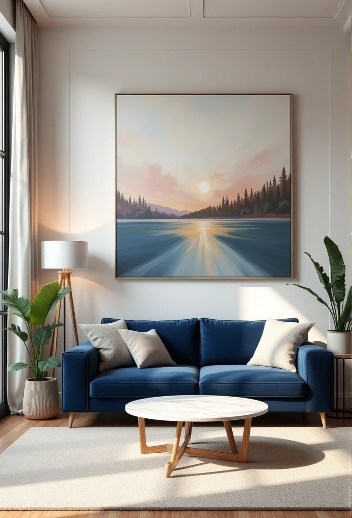 Créez une image d'un salon moderne et élégant. Le design doit être épuré avec des lignes nettes et des couleurs neutres comme le blanc, le gris, et le beige. Incluez un canapé en velours bleu marine, une table basse en marbre, et des coussins en textures variées. Ajoutez des éléments en bois clair pour un contraste chaleureux et des plantes d'intérieur pour une touche de verdure. La pièce doit également comporter un tapis à motifs géométriques. Sur un des murs, accrochez un grand tableau avec une œuvre d'art contemporaine représentant un paysage abstrait aux couleurs douces et apaisantes. L'éclairage doit être doux et chaleureux, avec des lampes modernes et un éclairage d'ambiance au plafond.