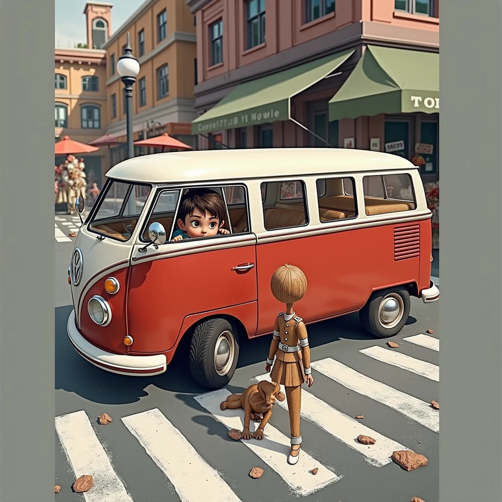 A boy playing with an animated stick soldier on the street
