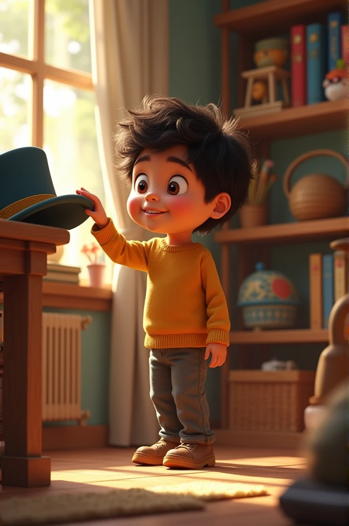 Leo's Imaginative Transformation: Leo removes the magical hat and returns to being a regular boy, smiling as he places the hat on a shelf. The background shows a cozy room with toys and books, indicating his return to everyday life.