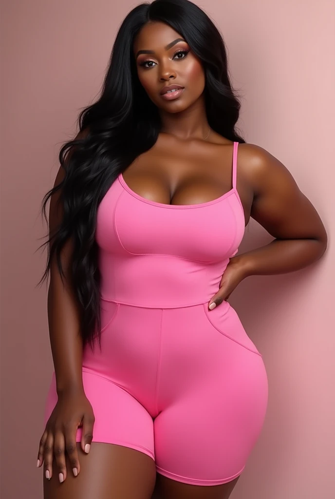 Mixed black ethnicity, curvy girl, long straight hair, wide hips, curvy body, wearing pink Women’s Yoga Rompers Sexy One Piece Spaghetti Strap Tummy Control Padded Sports Bra JumpSuits