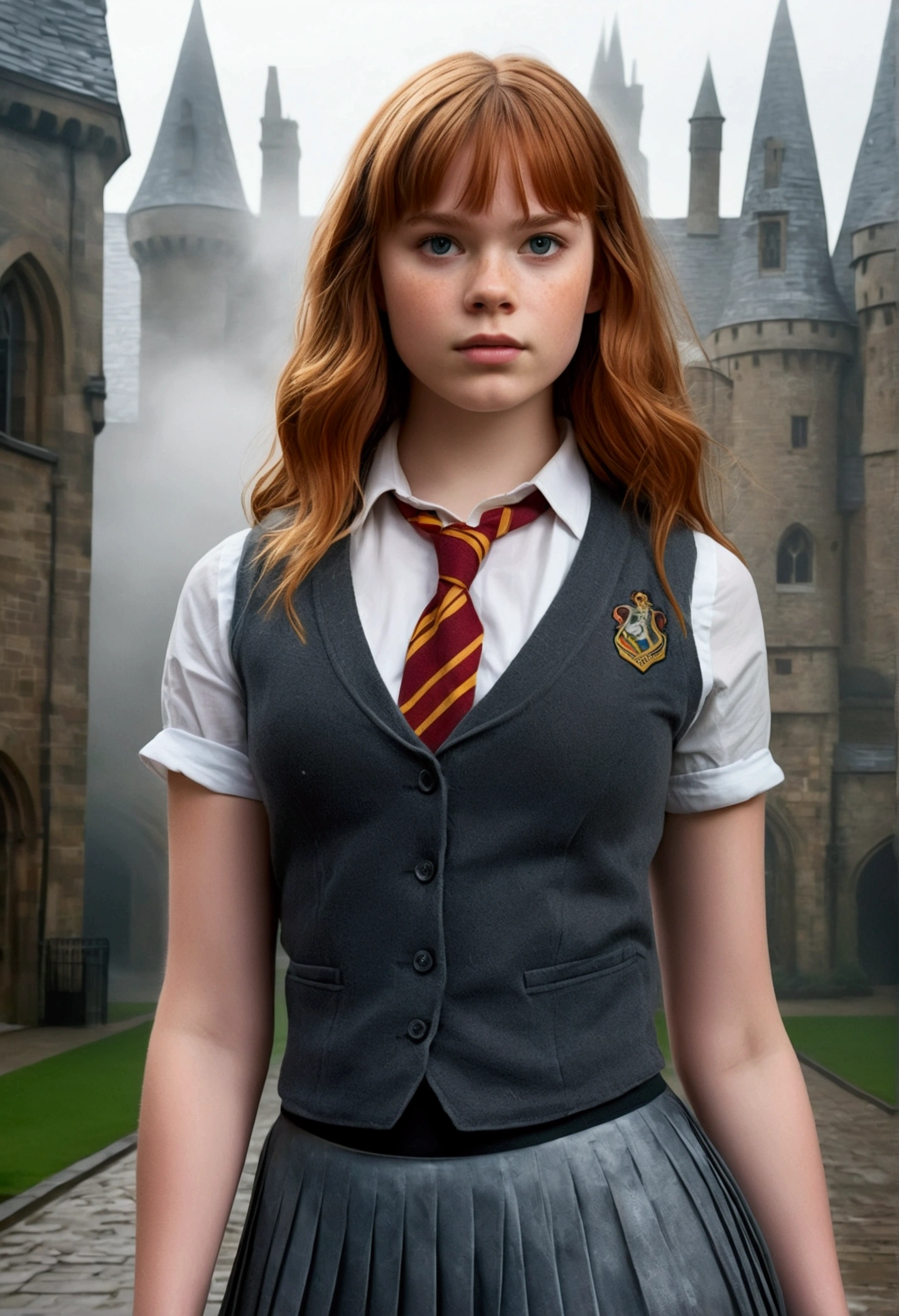 An illustrated movie poster, hand-drawn, full color, a teenage Hogwarts student, 18-years-old, female, wearing a charcoal vest and a pleated skirt, athletic hourglass figure, busty bosoms, full wide hips, massive round butt, long shapely legs, ridiculously thick powerful thighs, vibrant eyes, red auburn hair, thick shaggy bangs, flushed sun-kissed complexion, freckles, resembles Angourie Rice, standing in a foggy Hogwarts courtyard, surrounded by mist, graphite shading, stencil marks, airbrushed acrylic paint, masterpiece, close-up shot, in the style of the Deathly Hallows