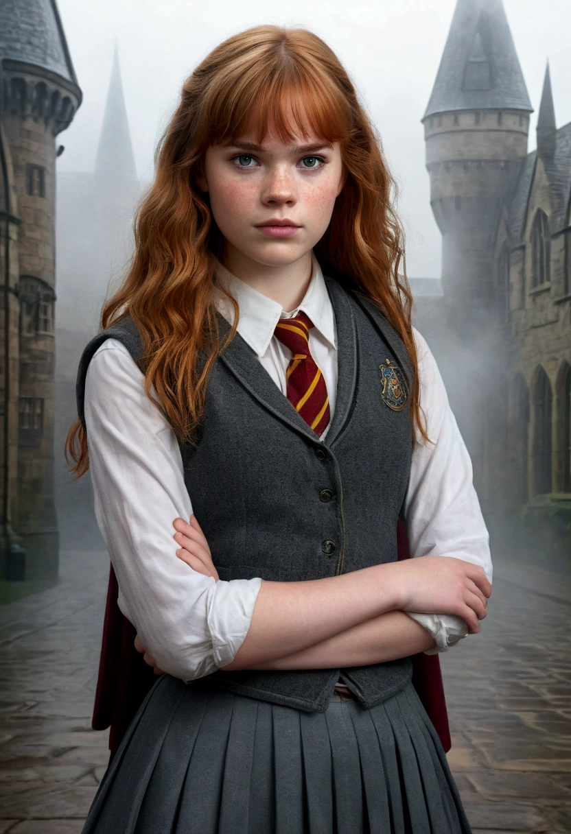 An illustrated movie poster, hand-drawn, full color, a age Hogwarts student, 18-years-old, female, wearing a charcoal vest and a pleated skirt, athletic hourglass figure, busty bosoms, full wide hips, massive round butt, long shapely legs, ridiculously thick powerful thighs, vibrant eyes, red auburn hair, thick shaggy bangs, flushed sun-kissed complexion, freckles, resembles Angourie Rice, standing in a foggy Hogwarts courtyard, surrounded by mist, graphite shading, stencil marks, airbrushed acrylic paint, masterpiece, close-up shot, in the style of the Deathly Hallows