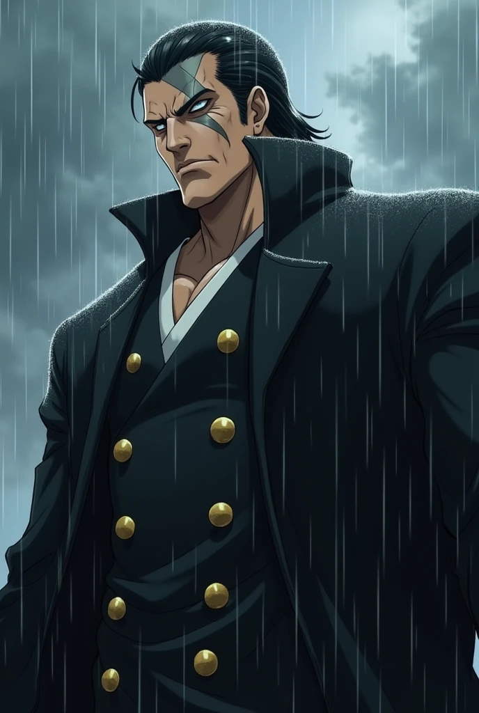 Create a male Captain from Bleach who is serious and has bigger body shape with dark hair and scar on face in a rain