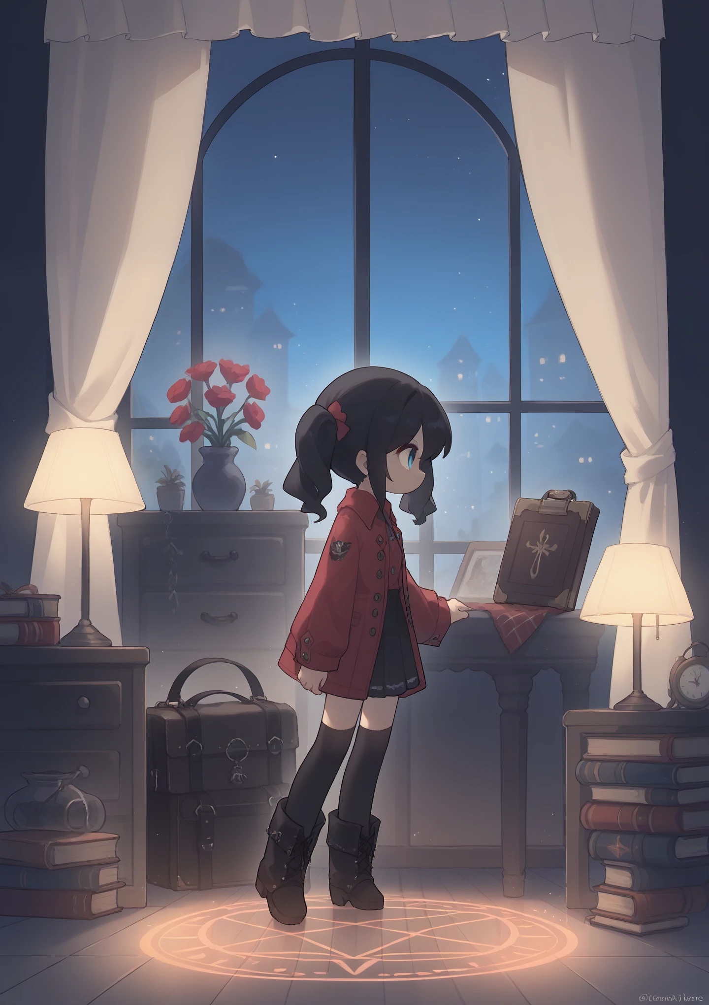 night,Outside the window,curtain,European Classical Style,Miss、Black twin ponytails,Blue Eyes,Profile,vase,Crimson trench coat,Black mini skirt,night,curtain,European Classical Style,(Black hair),Floor lamp,bookcase,Magic circle glows,Movie lighting,Dark Tones,Sharp contrast,boots,Black stockings