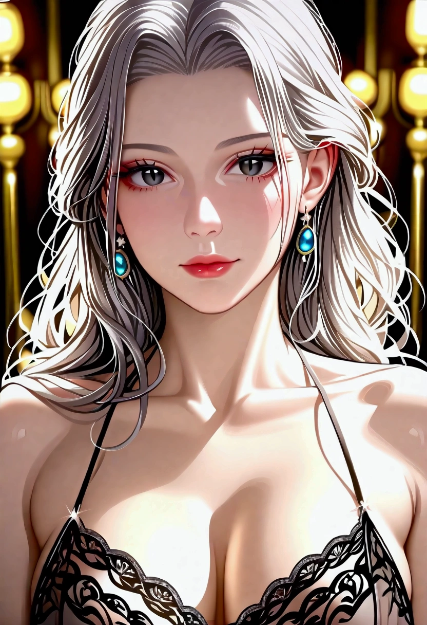score_9, score_8_superior, score_7_superior, High-resolution CG illustration,A masterpiece in 32K resolution,Highest quality,it is really amazing,Very detailed,Ultra-high resolution,Ultra-realistic,Realistic,Increased depth of field,Cinematic lighting,
Elegant mature Japanese woman,
Shiny silver hair,Wavy long hair,Showing his forehead,god々Beautiful,Ultra-detailed and beautiful face,Sensual look,Beautiful dark brown, moist eyes,Pitch black eyes,Glowing, moisturized skin,Translucent white skin,born々New skin texture,Great proportions,
Elegant wine-red slit dress,spaghetti straps,Deep slit,Detailed and beautiful lace decorations,born地の柔らかな質感,
Black panties,
Black Stockings,
高層ビルの屋superior,Background of big city night scene,
Dramatic Angle,