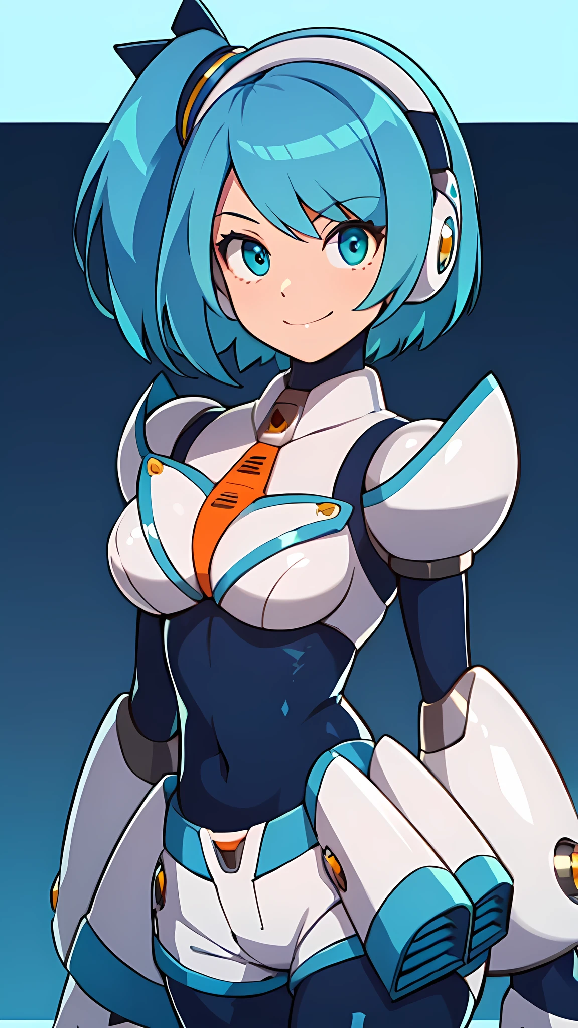(1girl,solo),(rico_megamanxdive),blue eyes, blue hair, bodysuit, android, smile,side tail, short hair,headphones,white crop tops,white shorts,hand on own chest,big arms,side tail hair,ultra-detailed,sharp focus,aesthetic,(best quality)