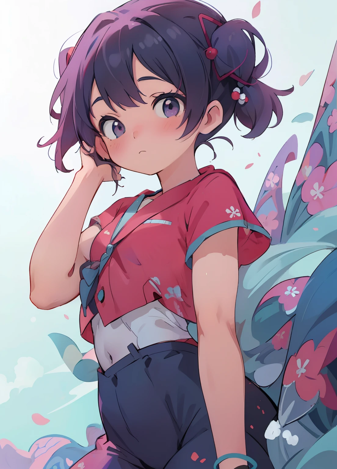 (masterpiece、Highest quality、Highest quality、Official Art、Beautiful and beautiful:1.2)、(One person:1.3)Hatsune Miku、Twin tails,Beautiful breasts, Katsushika Hokusai,Masseter muscle area, Highest quality, Ultra-high resolution, Highest quality, Anime Style, Nadia of the Wonder Sea, Girl with dark skin, Red vest, red waistband, Blue-purple hair, Bobcut, One person, Free pose