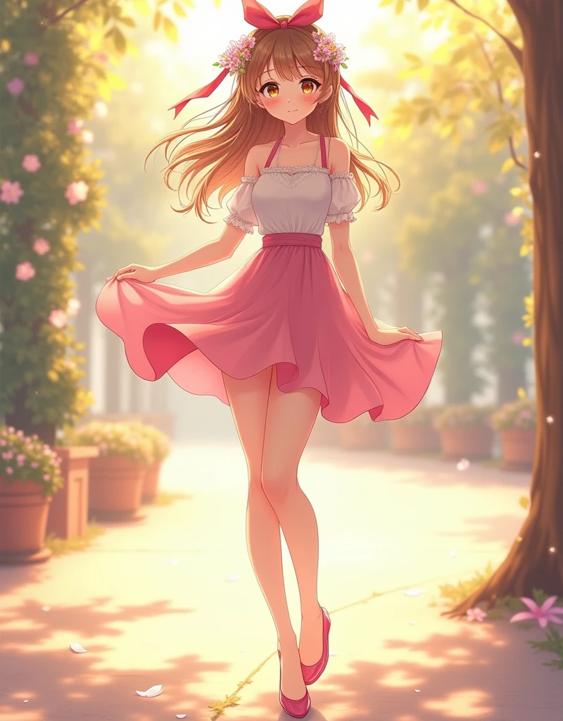 Ultra high quality,High heel,Long legs,Smile,Sunlight,Off-shoulder,Pink skirt,Wear flowers on your head,student,charming,Ribbon,youth