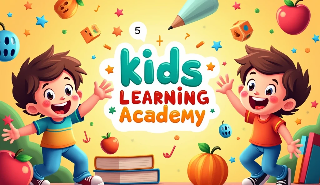 "Create a vibrant and playful banner for a YouTube Kids educational channel named @kidslearningacademy123. The design should include cheerful, cartoon-style illustrations of children learning, colorful educational icons like books, pencils, and numbers, and friendly characters engaging in fun activities. The background should be bright and engaging, featuring a blend of primary colors with a welcoming, academic feel. Include the channel name prominently in a fun, child-friendly font."